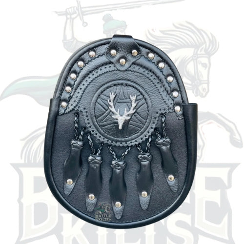 Scottish Black Leather Kilt Sporran for Men – Stag Head Design with 5 Tassels by BattleOfKilts
