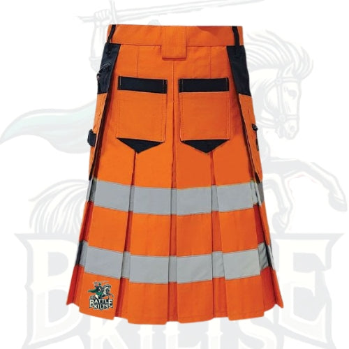 Modern Fluorescent Orange and Black Firefighter Kilt – Reflective Utility Kilt