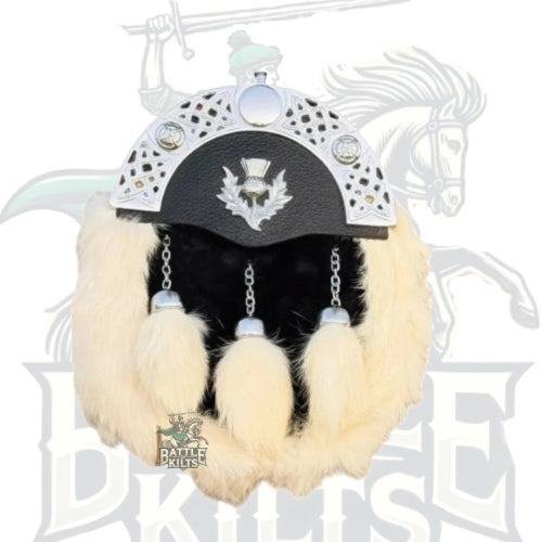 Men’s White Rabbit Fur Sporran – Handmade Scottish Leather Kilt Sporran with 3 Tassels – Battle of Kilts