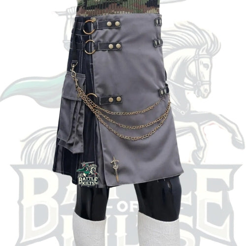 Men’s Tactical Hybrid Kilt – Black and Grey Gothic Kilt with Chains & Metal Hardware | BattleOfKilts