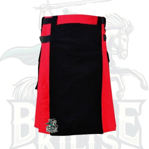 Black & Red Hybrid Kilt with Leather Straps – Premium Scottish-Inspired Utility Wear
