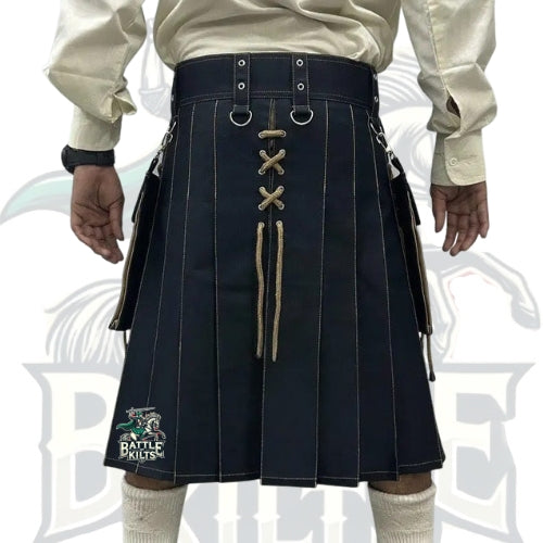 Traditional Black and Khaki Laces Kilt – Handmade Gothic Kilt for Men | BattleOfKilts