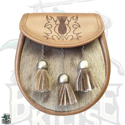 Norwood Sporran – Thistle Etched Brown Leather with Grey Seal Fur | Premium