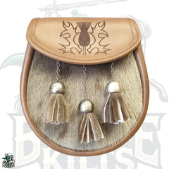 Norwood Sporran – Thistle Etched Brown Leather with Grey Seal Fur | Premium