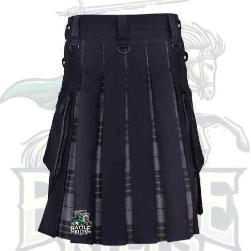 Scottish Handmade Hybrid Utility Black Cotton & Grey Watch Tartan Kilt for Men – A Modern Warrior’s Choice by BattleOfKilts
