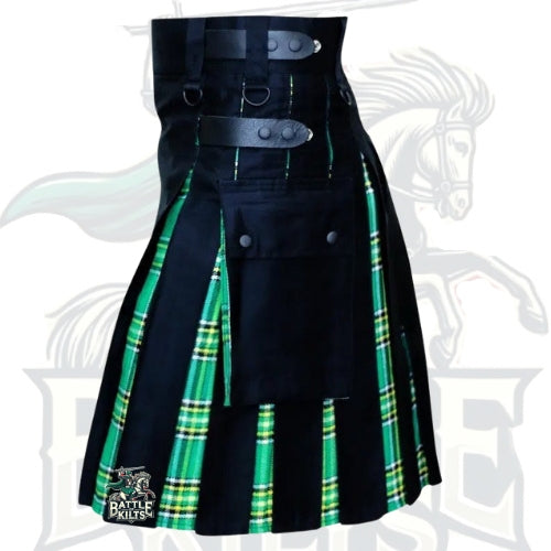 Scottish Handmade Hybrid Utility Black Cotton & Irish Green Tartan Kilt for Men – Tradition Meets Modern Craft by BattleOfKilts