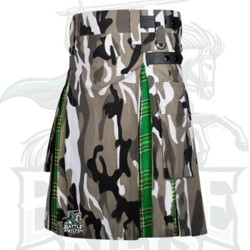 Men’s Urban Camo and Irish Green Tartan Hybrid Kilt – Premium Scottish Utility Wear