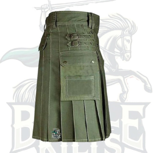 Olive Green Hiking Utility Kilt – Durable Outdoor & Adventure Kilt for Men