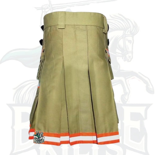 Modern Khaki Bunker Gear Firefighter Kilt – Handmade Utility Kilt with Reflective Trim