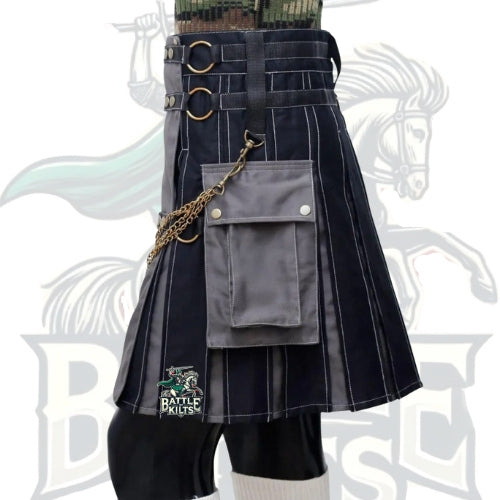 Men’s Tactical Hybrid Kilt – Black and Grey Gothic Kilt with Chains & Metal Hardware | BattleOfKilts