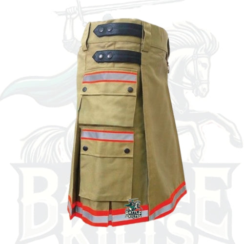 Modern Khaki Bunker Gear Firefighter Kilt – Handmade Utility Kilt with Reflective Trim