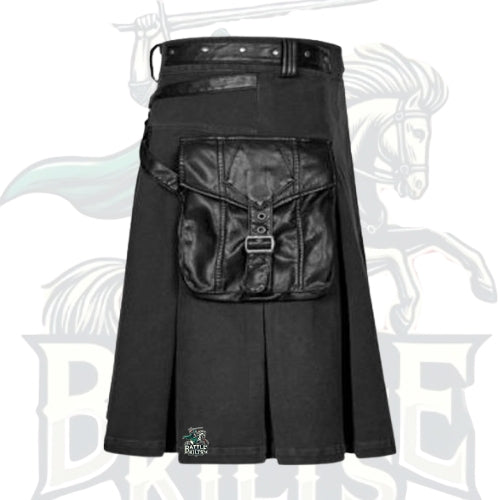 Modern Black Denim Kilt with Leather Pockets – Stylish Utility Kilt