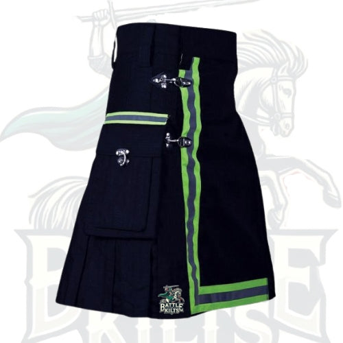 Modern Navy Blue Firefighter Kilt – Handmade Utility Kilt with Reflective Design