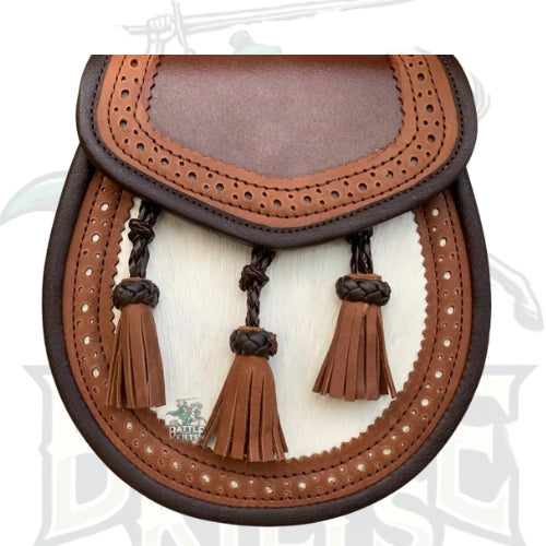 Scottish Handmade Real Brown Leather 3 Tassels Kilt Sporran with Chain by BattleOfKilts