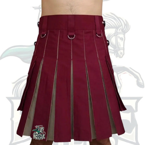 Scottish Maroon with Khaki Hybrid Kilt – 4 Straps Design | Modern Utility Kilt by BattleOfKilts