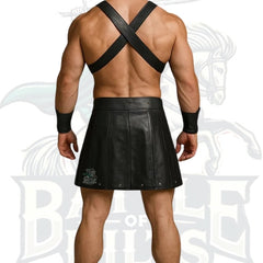 Men’s Leather Gladiator Kilt – Pleated Utility Style with Dual Cargo Pockets