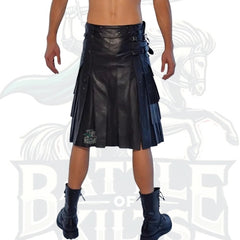 Black Leather Utility Kilt for Men – Handmade Gothic Festival Skirt with Pockets & Buckle Straps