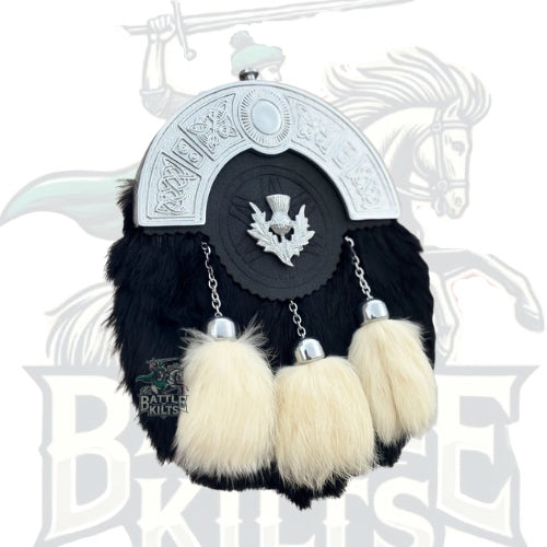 Scottish Handmade Full Dress Black Fur Sporran with Thistle Badge & 3 Tassels – Battle of Kilts