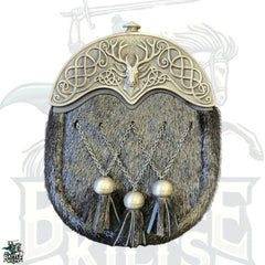 Stag Head Pewter Dress Sporran – Black Seal Skin with Cross Chain by BattleOfKilts