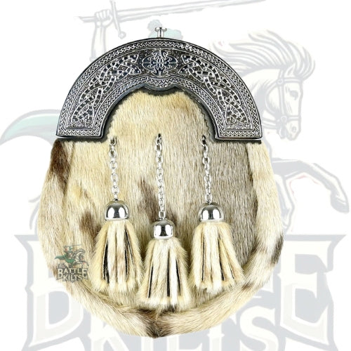 Scottish Sporran Chrome Head Triple Thistle Grey Rabbit Fur Highlander