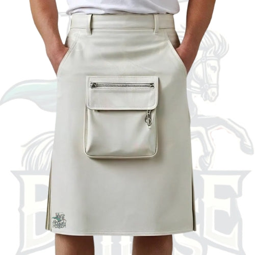 White Leather Utility Kilt for Men – Gothic Festival Leather Kilt with Zipper Pocket