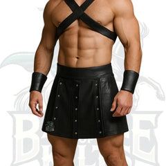 Men’s Leather Gladiator Kilt – Pleated Utility Style with Dual Cargo Pockets