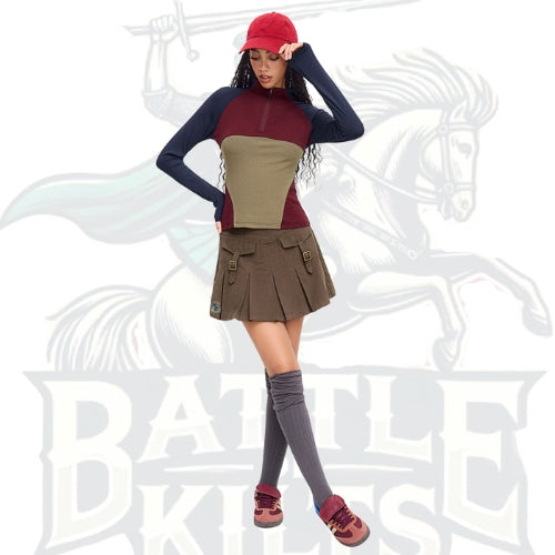 100% Cotton Mid-Rise Belted Pleated Mini Skirt
