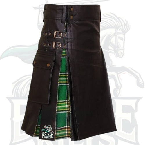 Modern Black Leather Hybrid Kilt with Tartan Pleats – Premium Scottish Utility Wear