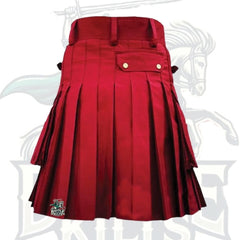 Men’s Red Utility Kilt with Decorated Front – Bold & Functional Scottish Kilt