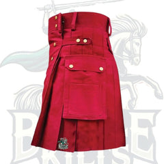 Men’s Red Utility Kilt with Decorated Front – Bold & Functional Scottish Kilt