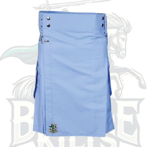 Men’s Light Blue Cargo Kilt – Modern Utility Scottish Kilt with Pockets