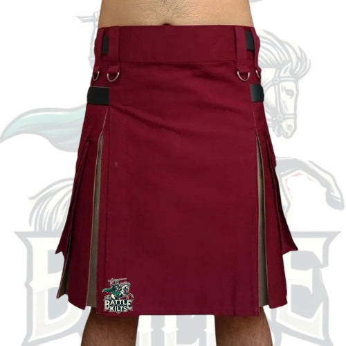 Scottish Maroon with Khaki Hybrid Kilt – 4 Straps Design | Modern Utility Kilt by BattleOfKilts
