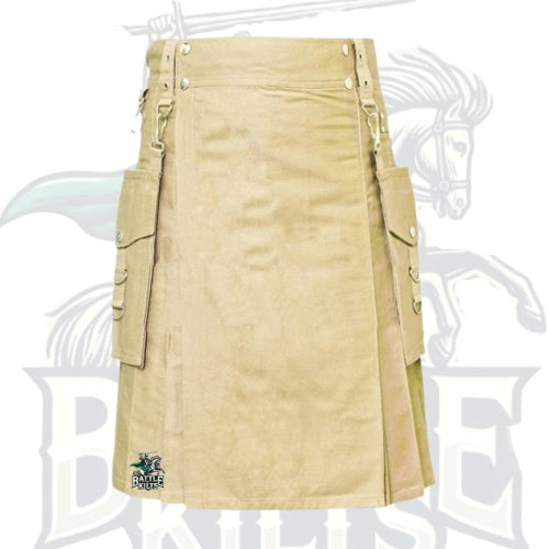 Khaki Utility Kilt with Detachable Pockets – Practical & Versatile Scottish Kilt
