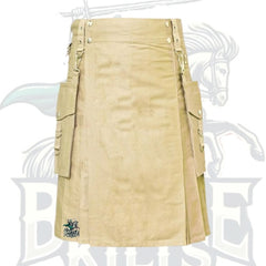 Khaki Utility Kilt with Detachable Pockets – Practical & Versatile Scottish Kilt
