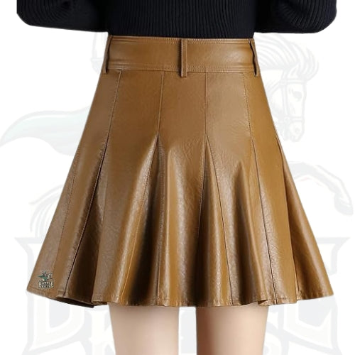 Casual Side Zipper Flare Pleated Faux Leather Skater Skirt