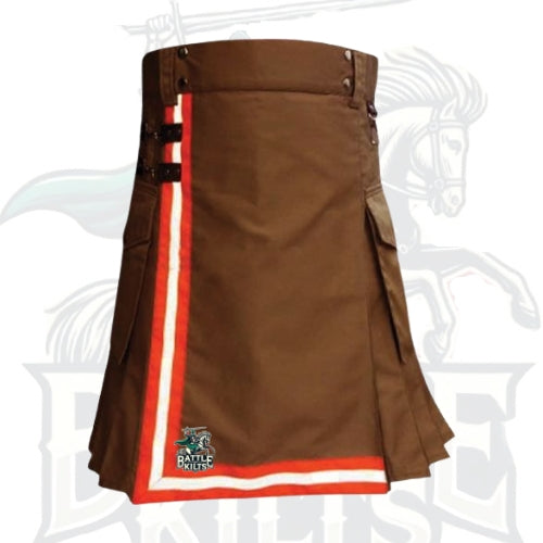 Firefighter Brown Utility Kilt – Handmade Cargo Kilt with Reflective Safety Strips