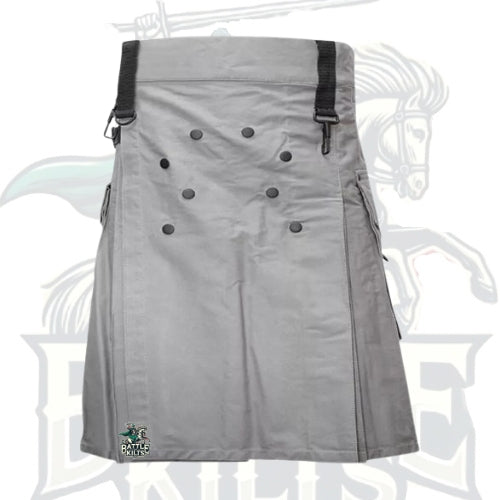 Gray Utility Kilt with Decorated Front – Stylish & Functional Scottish Kilt