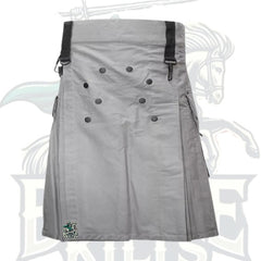 Gray Utility Kilt with Decorated Front – Stylish & Functional Scottish Kilt