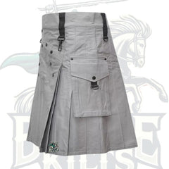 Gray Utility Kilt with Decorated Front – Stylish & Functional Scottish Kilt
