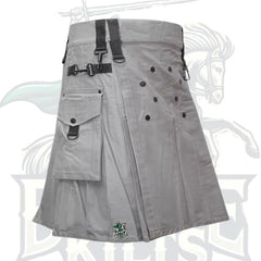 Gray Utility Kilt with Decorated Front – Stylish & Functional Scottish Kilt