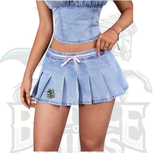 Women’s Casual Light Wash Denim Mini Skirt with Pleated Design & Ribbon Detail