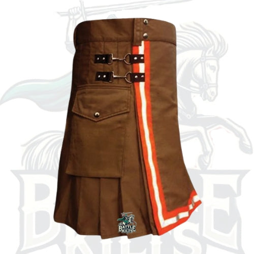 Firefighter Brown Utility Kilt – Handmade Cargo Kilt with Reflective Safety Strips