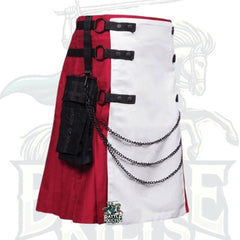 Burgundy and White Gothic Kilt with Black Pockets – Premium Gothic & Alternative Wear