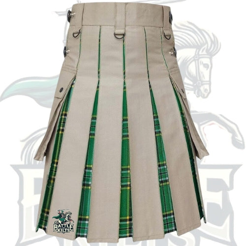 Khaki & Irish Green Hybrid Kilt for Men – Tactical Scottish Kilt with 4 Leather Straps | BattleOfKilts