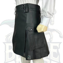Black Leather Kilt for Men – Handmade Genuine Leather with Utility Pockets